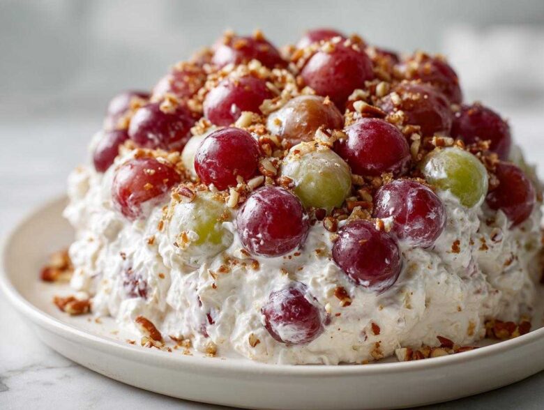 A mound of creamy grape salad topped with red and green grapes and chopped pecans, resembling the Chicken Salad Chick grape salad.