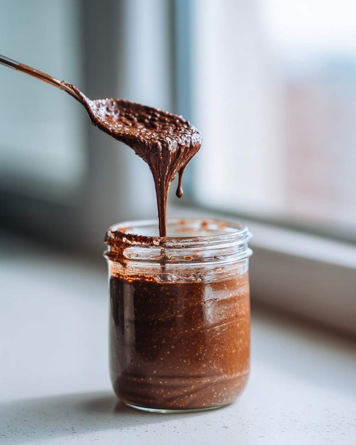 A spoonful of thick, rich chocolate overnight oats dripping back into a glass jar.