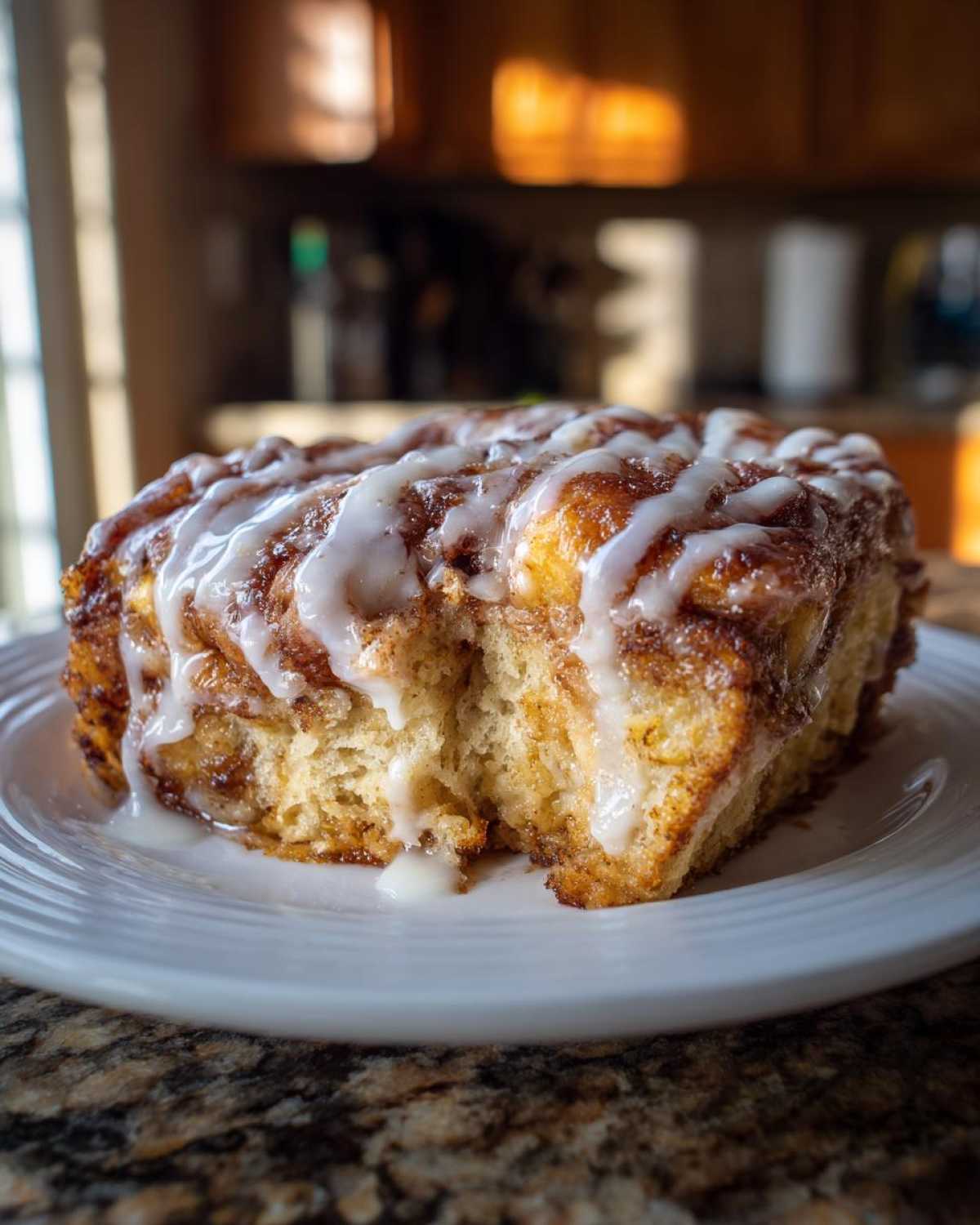 A serving of fluffy Cinnamon roll casserole drizzled heavily with white icing on a white plate.