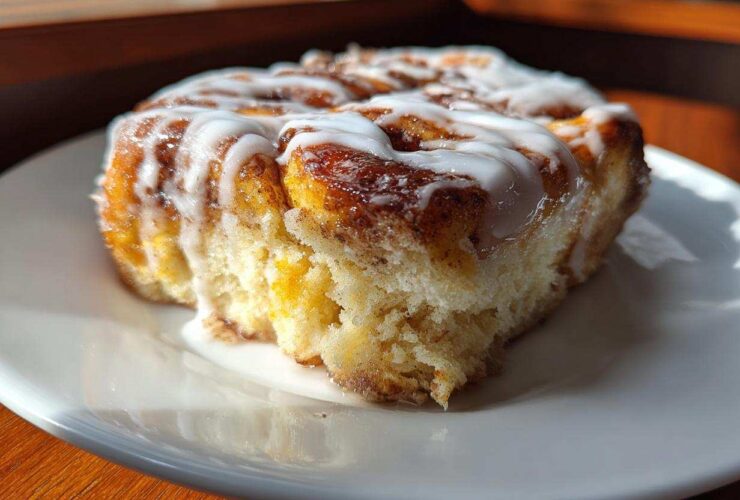 A close-up, sunlit serving of fluffy Cinnamon roll casserole topped with thick white icing.