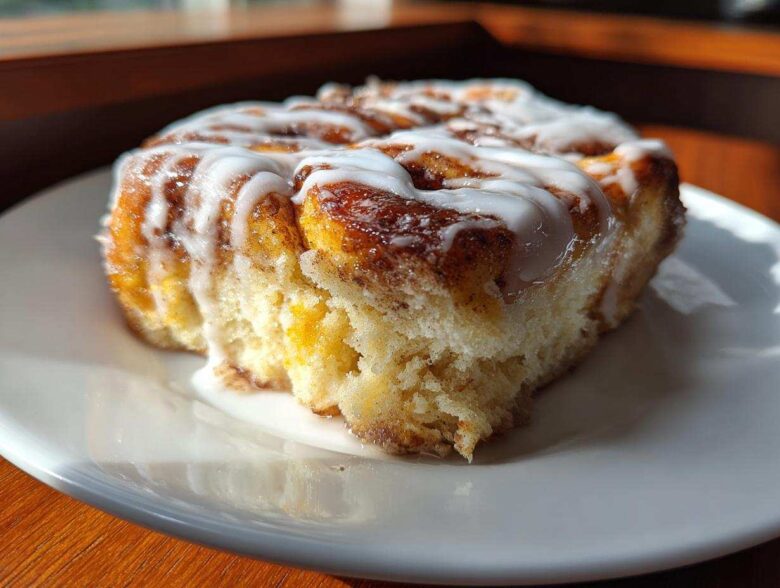 A close-up, sunlit serving of fluffy Cinnamon roll casserole topped with thick white icing.