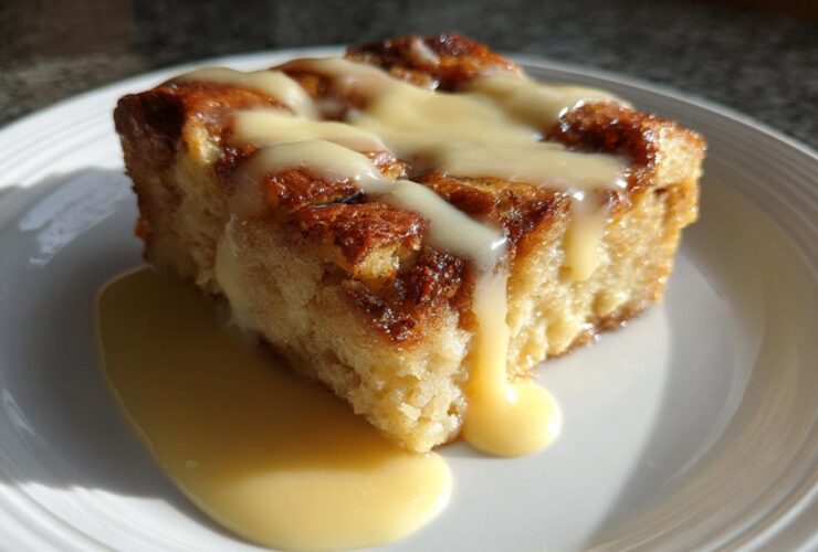 A square slice of classic bread pudding, golden brown and topped with rich vanilla sauce.
