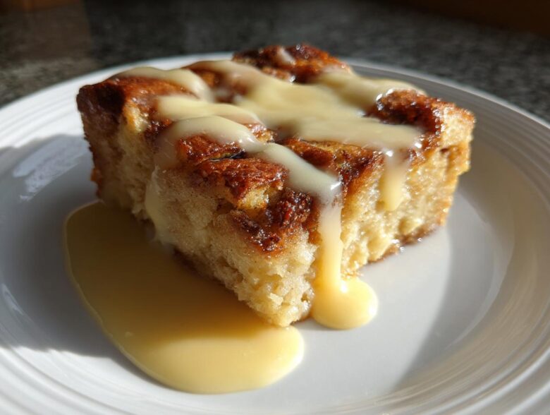 A square slice of classic bread pudding, golden brown and topped with rich vanilla sauce.