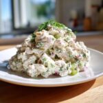 A generous mound of creamy cottage cheese chicken salad mixed with red onion and celery, topped with fresh dill.
