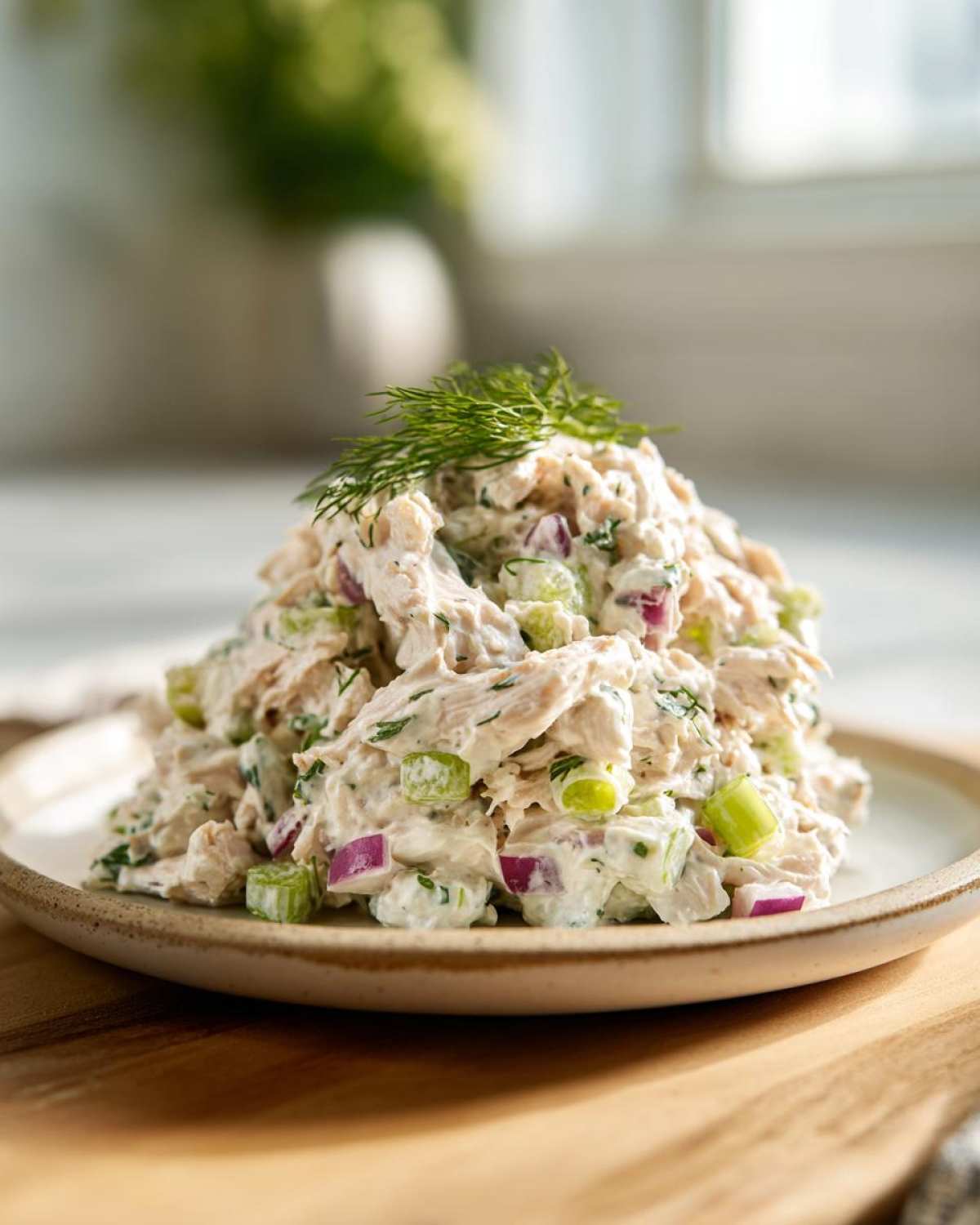 A generous serving of creamy cottage cheese chicken salad mixed with celery and red onion, topped with fresh dill.
