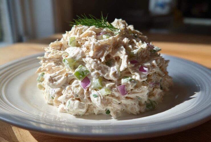 A mound of creamy cottage cheese chicken salad mixed with celery and red onion, garnished with fresh dill on a white plate.