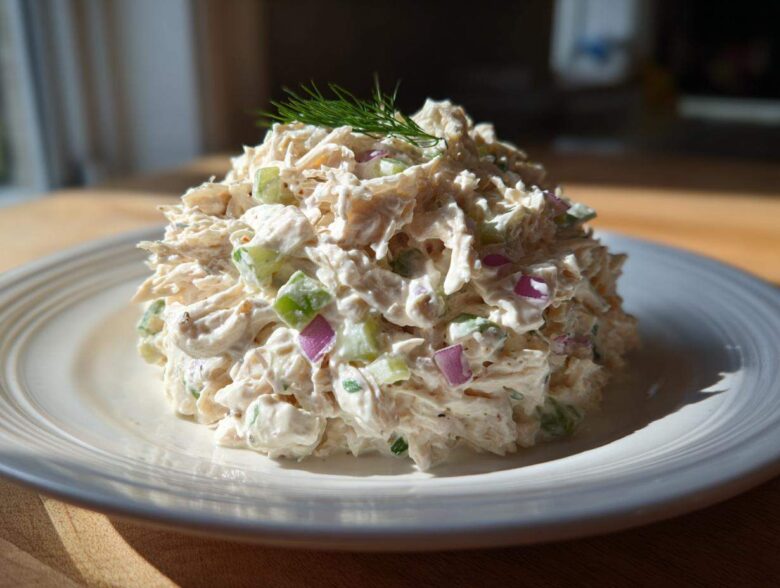 A mound of creamy cottage cheese chicken salad mixed with celery and red onion, garnished with fresh dill on a white plate.
