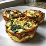 Three golden-brown Cottage Cheese Egg Cups With Spinach & Feta served on a white plate.