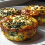 Three golden-brown Cottage Cheese Egg Cups With Spinach & Feta served on a white plate.