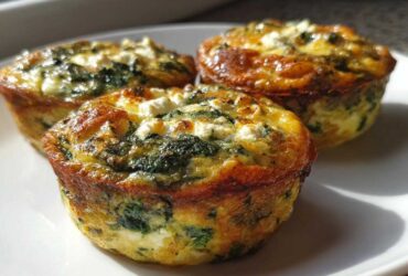Three golden-brown Cottage Cheese Egg Cups With Spinach & Feta served on a white plate.