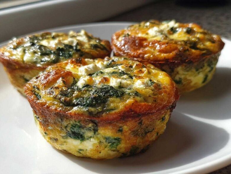 Three golden-brown Cottage Cheese Egg Cups With Spinach & Feta served on a white plate.