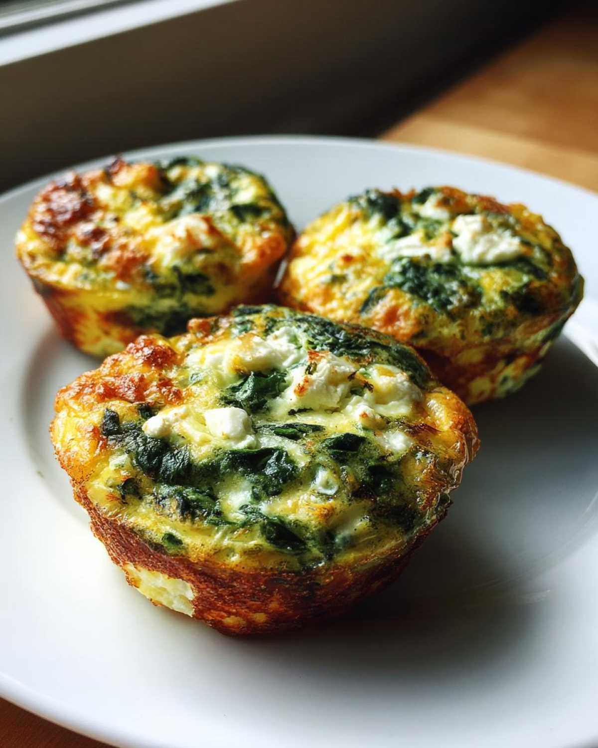 Three golden-brown Cottage Cheese Egg Cups With Spinach & Feta served on a white plate.