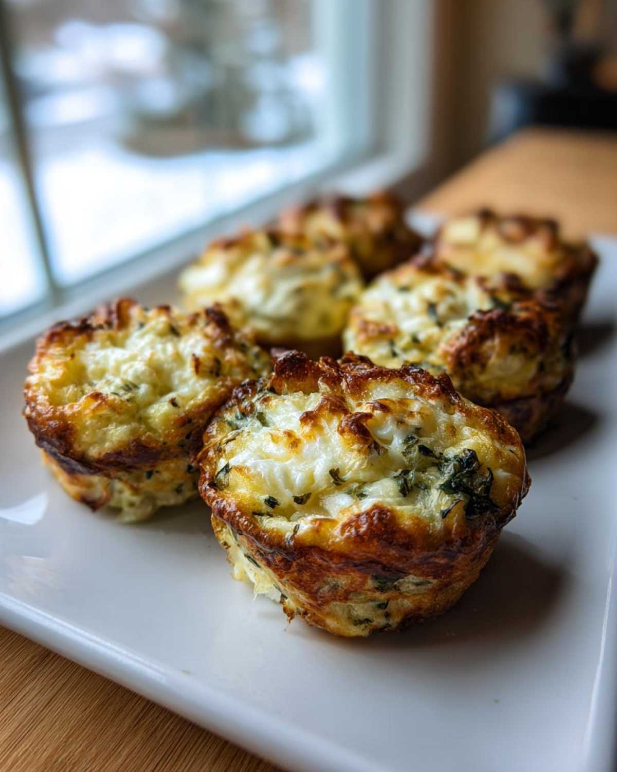 A close-up of several freshly baked cottage cheese egg cups with browned, cheesy tops, resembling Starbucks egg bites.