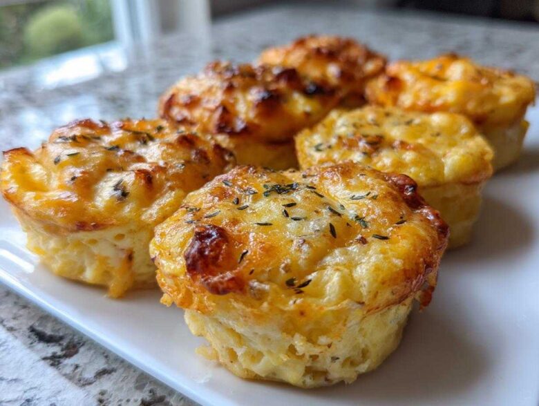 Close-up of baked cottage cheese egg cups starbucks recipe, topped with melted cheese and herbs.