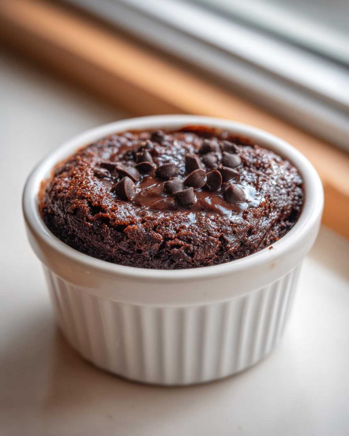 A rich, dark chocolate Cottage Cheese Microwave Brownie topped with melted chocolate and chips in a white ramekin.
