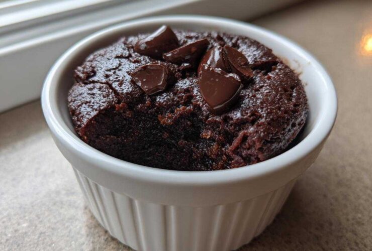 A rich, dark chocolate Cottage Cheese Microwave Brownie topped with melted chocolate chips in a white ramekin.