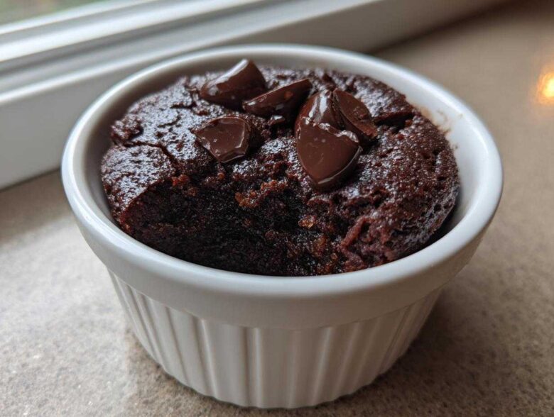 A rich, dark chocolate Cottage Cheese Microwave Brownie topped with melted chocolate chips in a white ramekin.