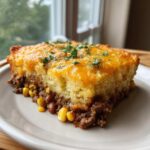 A close-up slice of cowboy cornbread casserole featuring a thick cornbread topping, melted cheddar cheese, and a savory ground beef and corn filling.