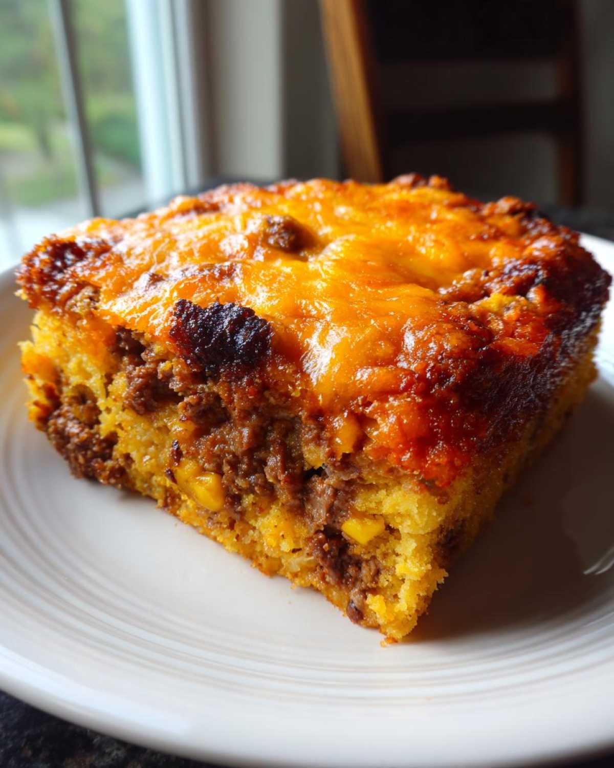 A square slice of cowboy cornbread casserole featuring a savory meat filling and melted, browned cheddar cheese topping.