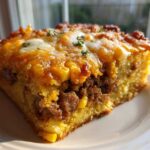 A close-up slice of savory cowboy cornbread casserole featuring ground meat, corn, and a melted cheesy topping.