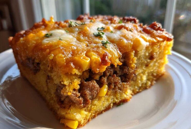 A close-up slice of savory cowboy cornbread casserole featuring ground meat, corn, and a melted cheesy topping.