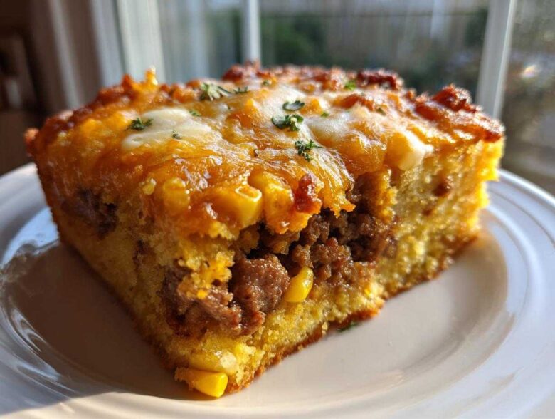 A close-up slice of savory cowboy cornbread casserole featuring ground meat, corn, and a melted cheesy topping.