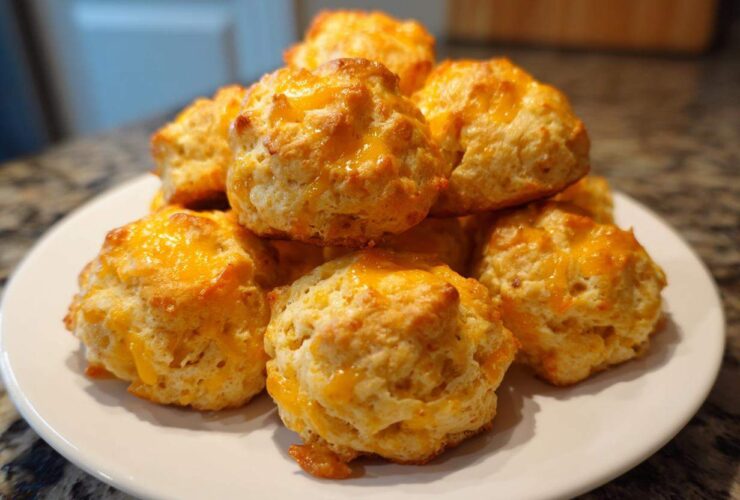 A stack of freshly baked cream cheese sausage balls topped with melted cheddar cheese on a white plate.