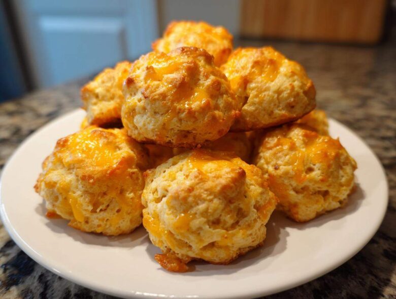 A stack of freshly baked cream cheese sausage balls topped with melted cheddar cheese on a white plate.