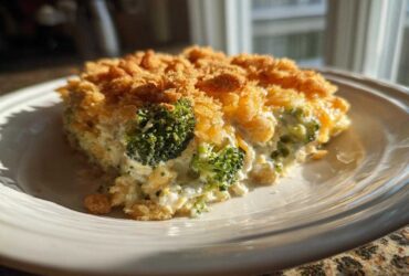 A close-up serving of creamy broccoli casserole topped with golden brown crumbs and melted cheese.