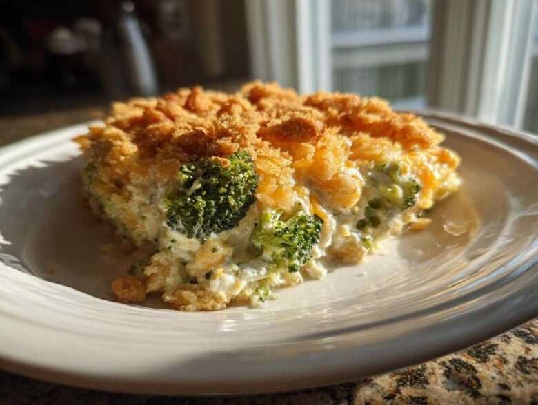 A close-up serving of creamy broccoli casserole topped with golden brown crumbs and melted cheese.