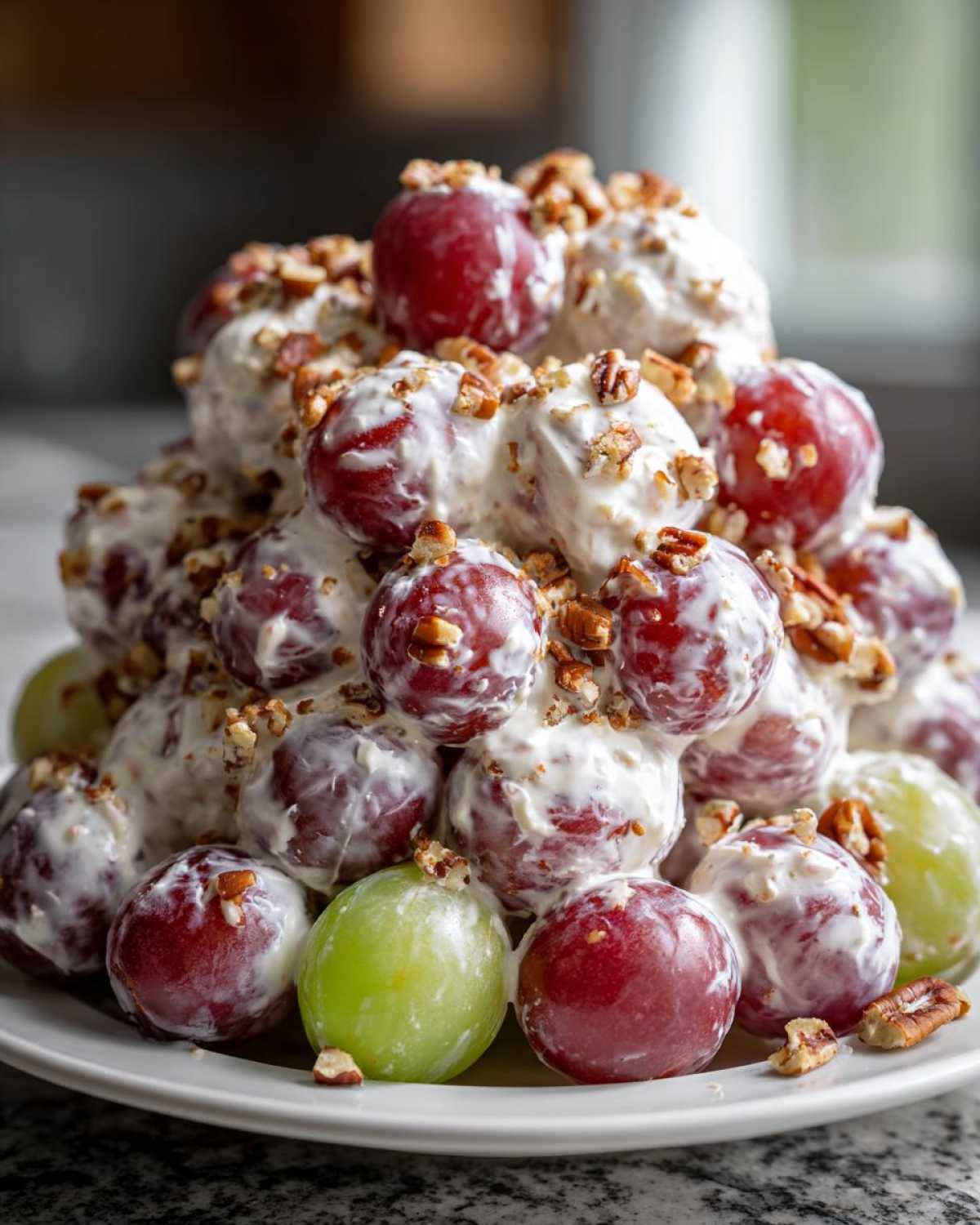 A mound of creamy chicken salad chick grape salad made with red and green grapes coated in dressing and topped with pecans.