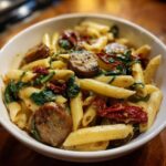 Close-up of creamy chicken sausage pasta with sun-dried tomatoes and spinach served in a white bowl.