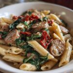 Close-up of creamy chicken sausage pasta featuring penne, spinach, and sun-dried tomatoes in a white bowl.