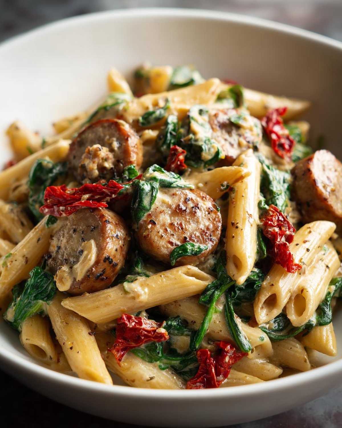 Close-up of creamy chicken sausage pasta featuring penne, sliced sausage, spinach, and sun-dried tomatoes.