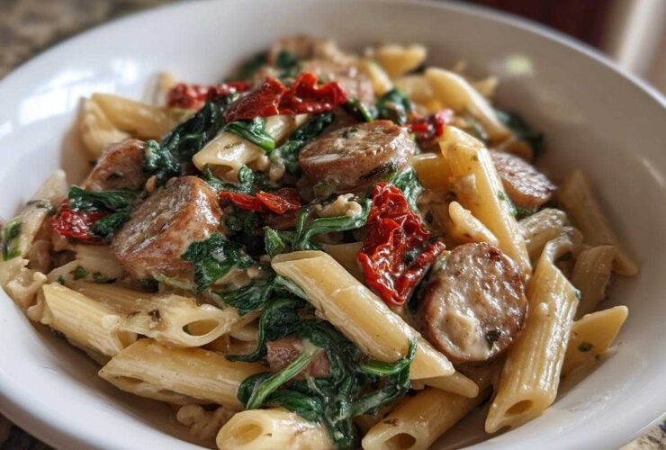 Close-up of creamy chicken sausage pasta featuring penne, spinach, and sun-dried tomatoes in a white bowl.