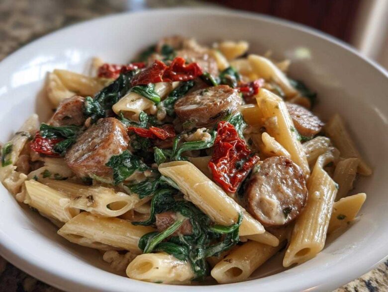 Close-up of creamy chicken sausage pasta featuring penne, spinach, and sun-dried tomatoes in a white bowl.