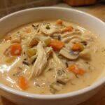 Close-up of a hearty bowl of creamy wild rice soup loaded with shredded chicken, carrots, celery, and mushrooms.