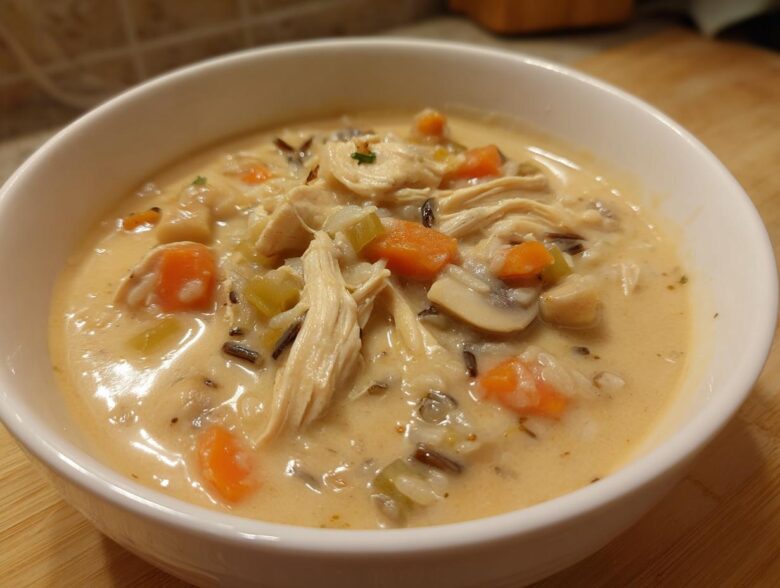 Close-up of a hearty bowl of creamy wild rice soup loaded with shredded chicken, carrots, celery, and mushrooms.