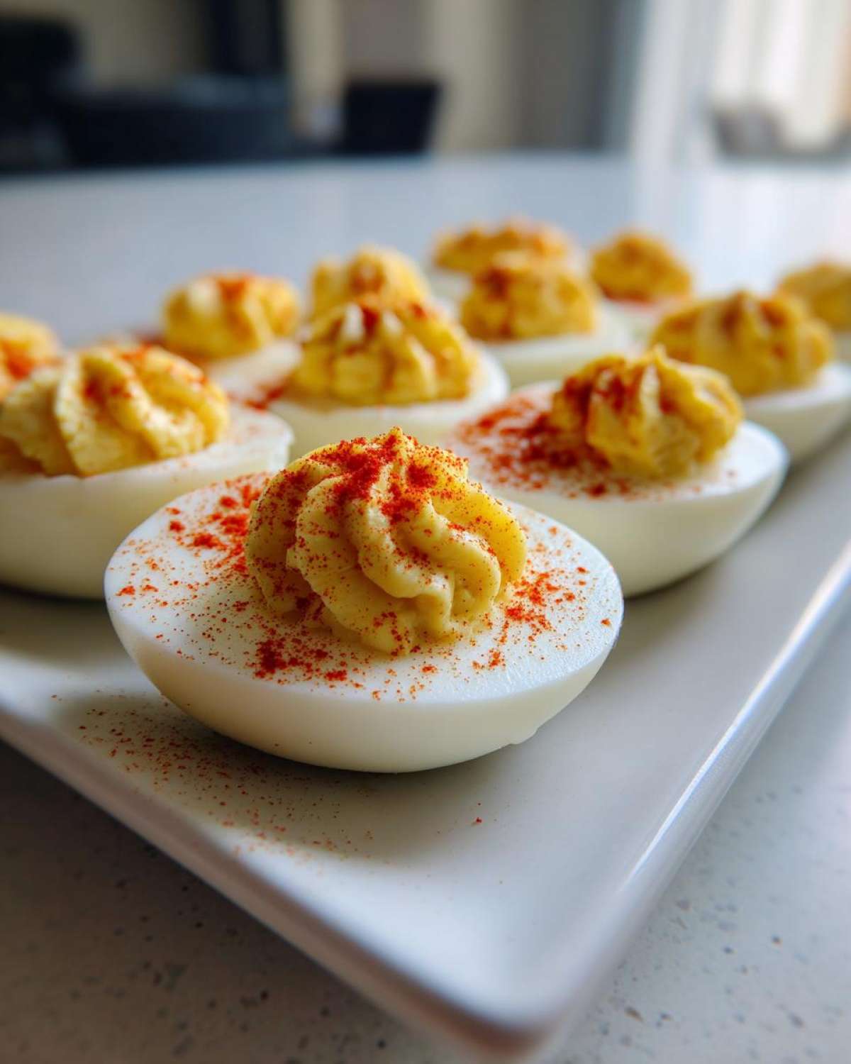 Close-up of perfectly piped Deviled Eggs sprinkled with bright red paprika on a white platter.