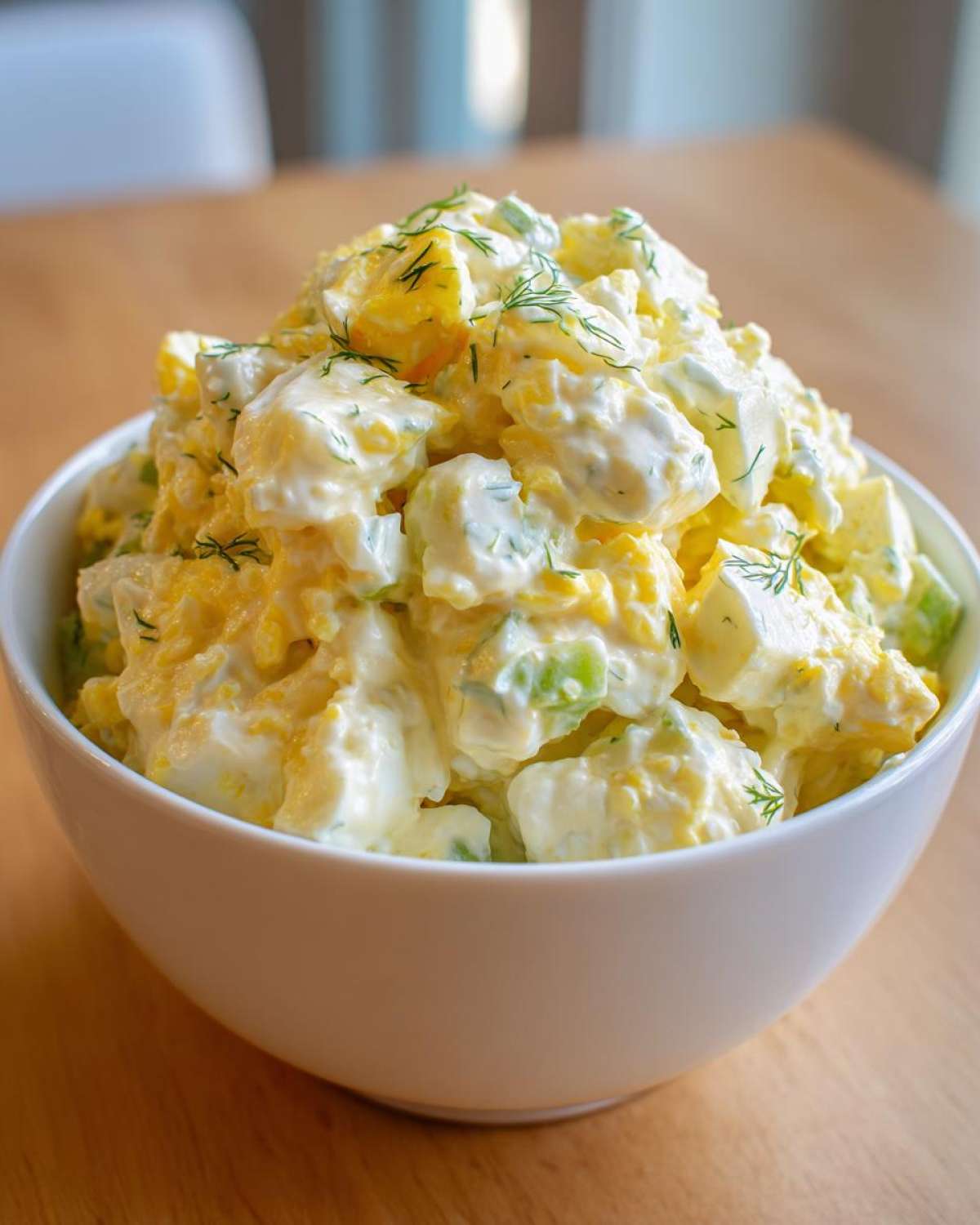 A white bowl overflowing with creamy, chunky egg salad recipe, garnished with fresh dill.