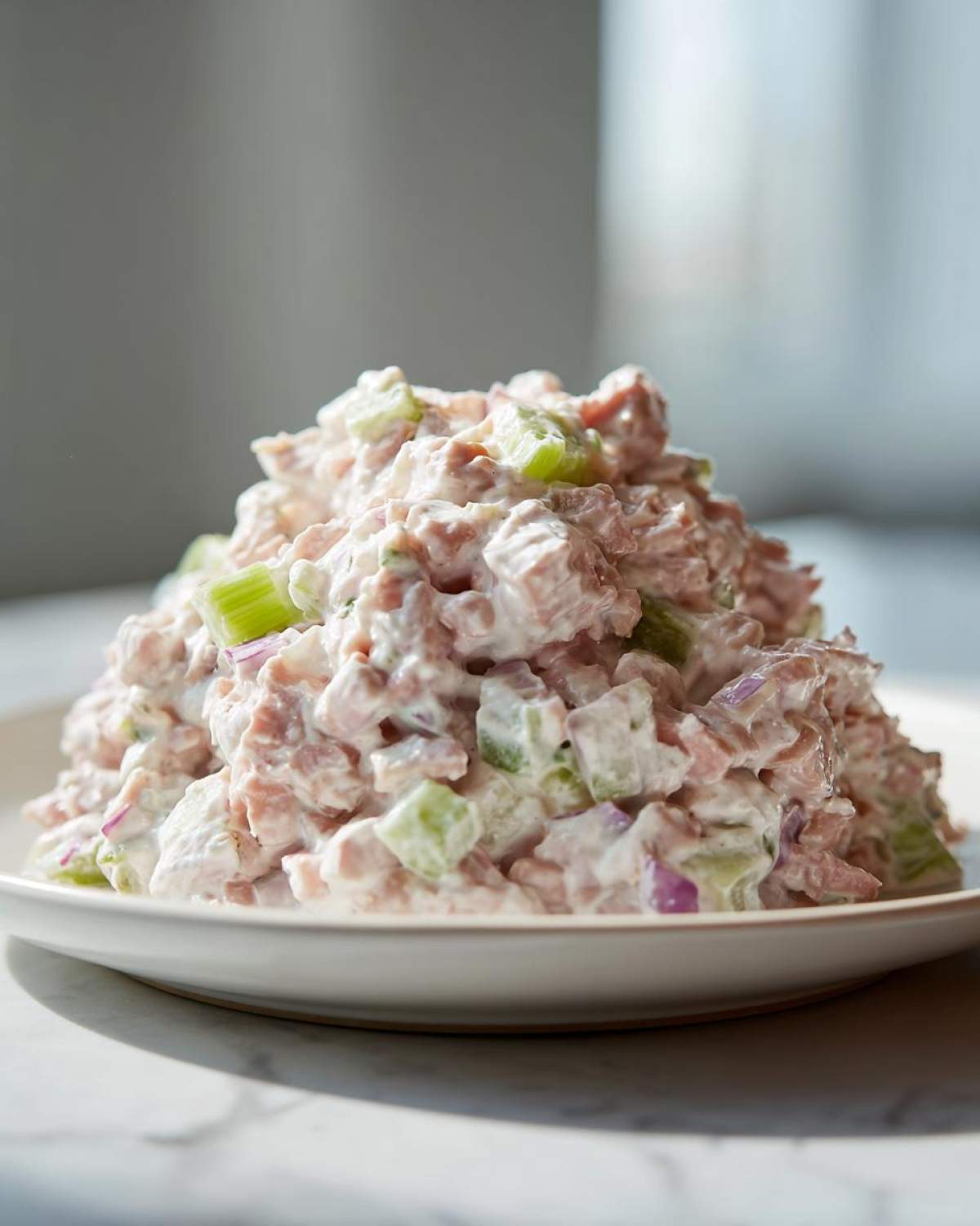 A mound of creamy ham salad featuring diced ham, green celery, and red onion on a white plate.