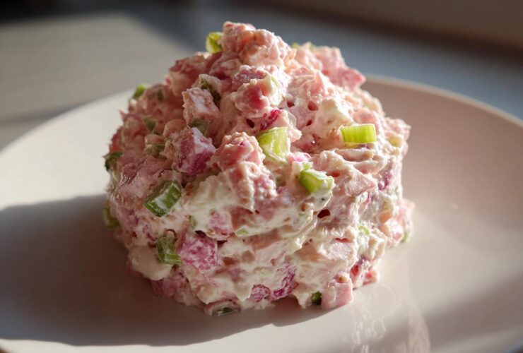 A mound of creamy ham salad mixed with diced pink ham and green celery, served on a white plate.