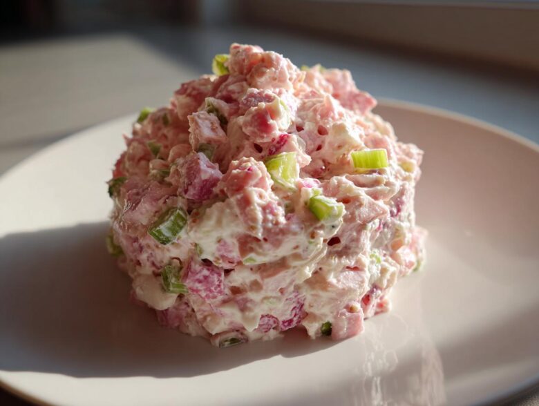 A mound of creamy ham salad mixed with diced pink ham and green celery, served on a white plate.