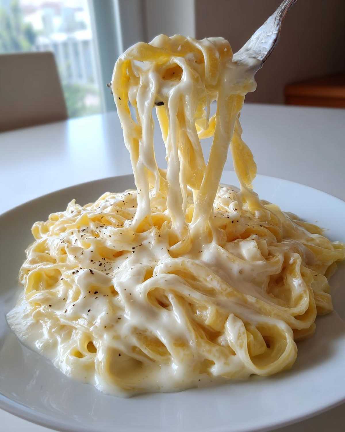 Close-up of fettuccine pasta coated in rich homemade alfredo sauce being lifted by a fork.