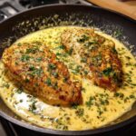 Two golden-brown chicken breasts simmering in a rich, creamy lemon sauce, garnished with fresh parsley.