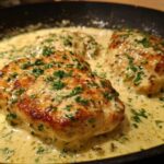 Three golden-brown chicken breasts simmering in a rich, creamy lemon sauce, topped with fresh parsley.