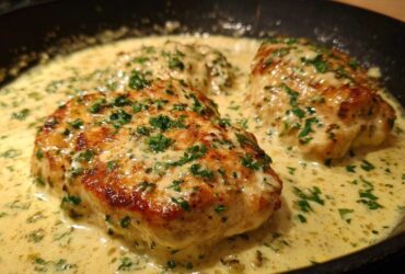 Three golden-brown chicken breasts simmering in a rich, creamy lemon sauce, topped with fresh parsley.