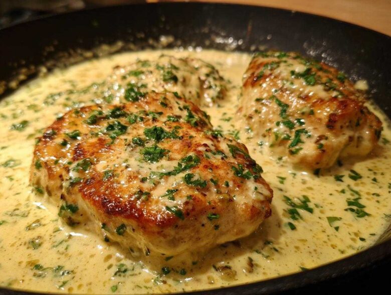 Three golden-brown chicken breasts simmering in a rich, creamy lemon sauce, topped with fresh parsley.