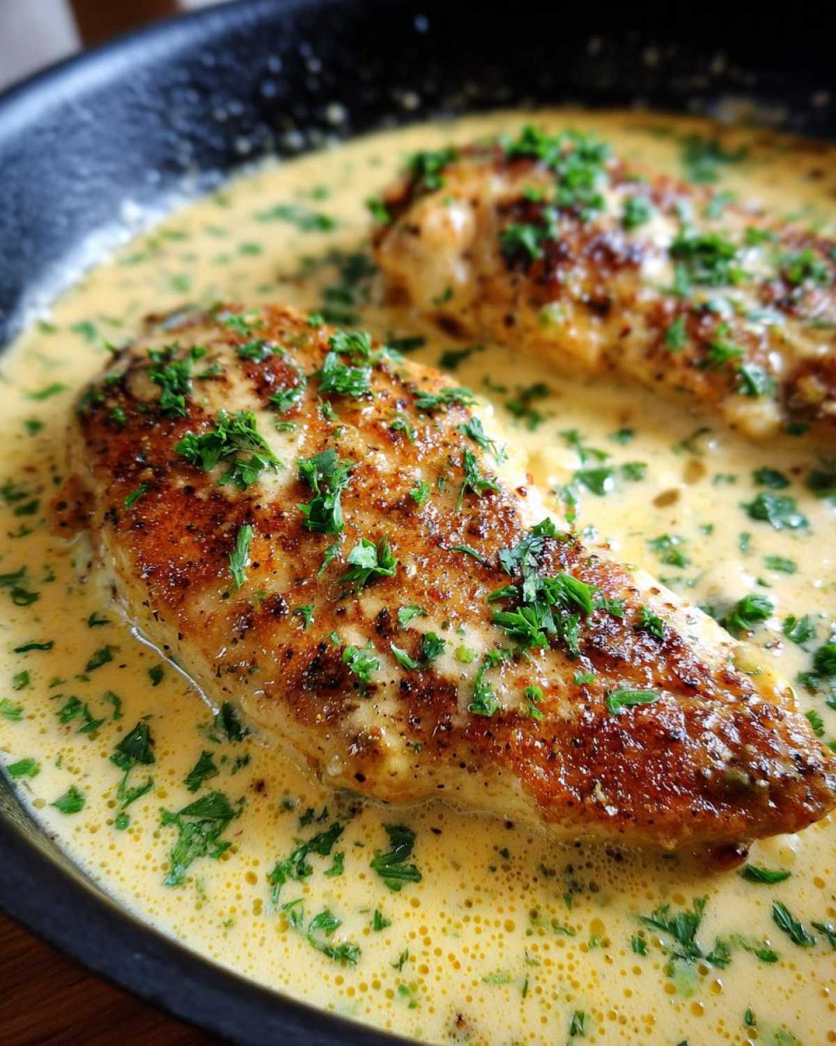 Close-up of two seared chicken breasts simmering in a rich, creamy lemon chicken sauce, garnished with fresh parsley.