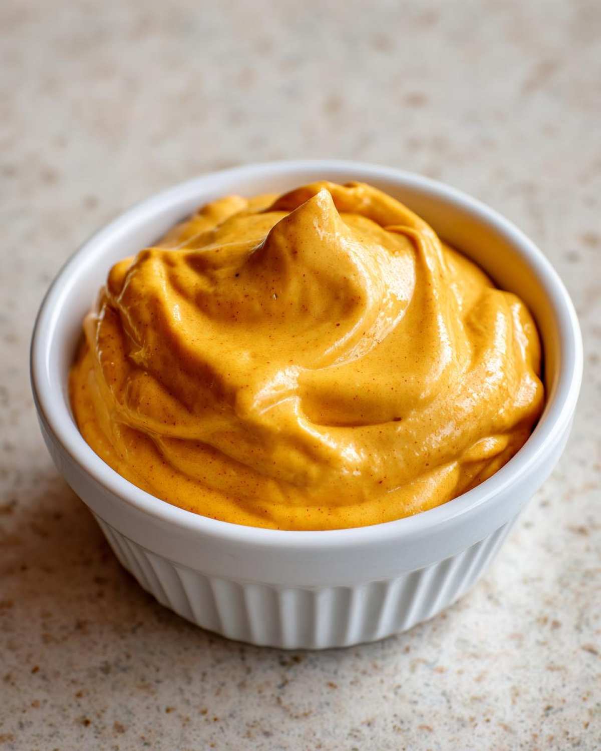 Close-up of thick, vibrant orange creamy nacho cheese sauce swirled high in a small white ramekin.